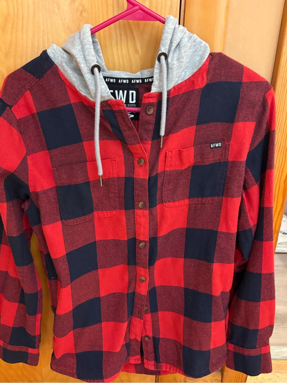 Women's Alpha Forward Red and Black Buffalo Plaid Hooded Shirt Jacket